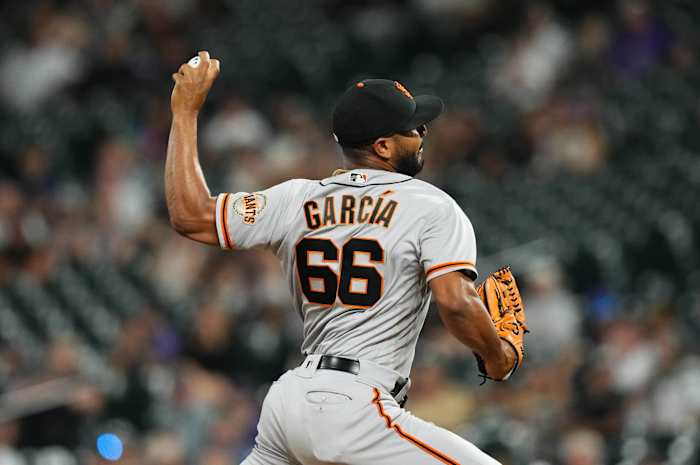 SF Giants left-handed reliever Jarlín García throws a pitch. (2022)